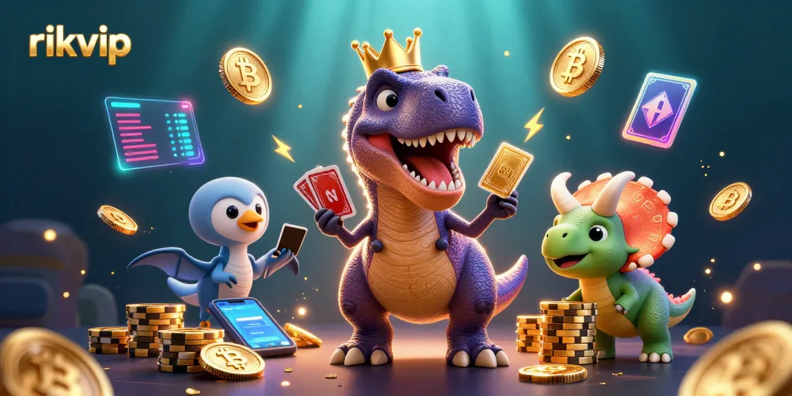 Play and win at RIKVIP with a vivid scene of cartoon dinosaurs in a playful gambling atmosphere.