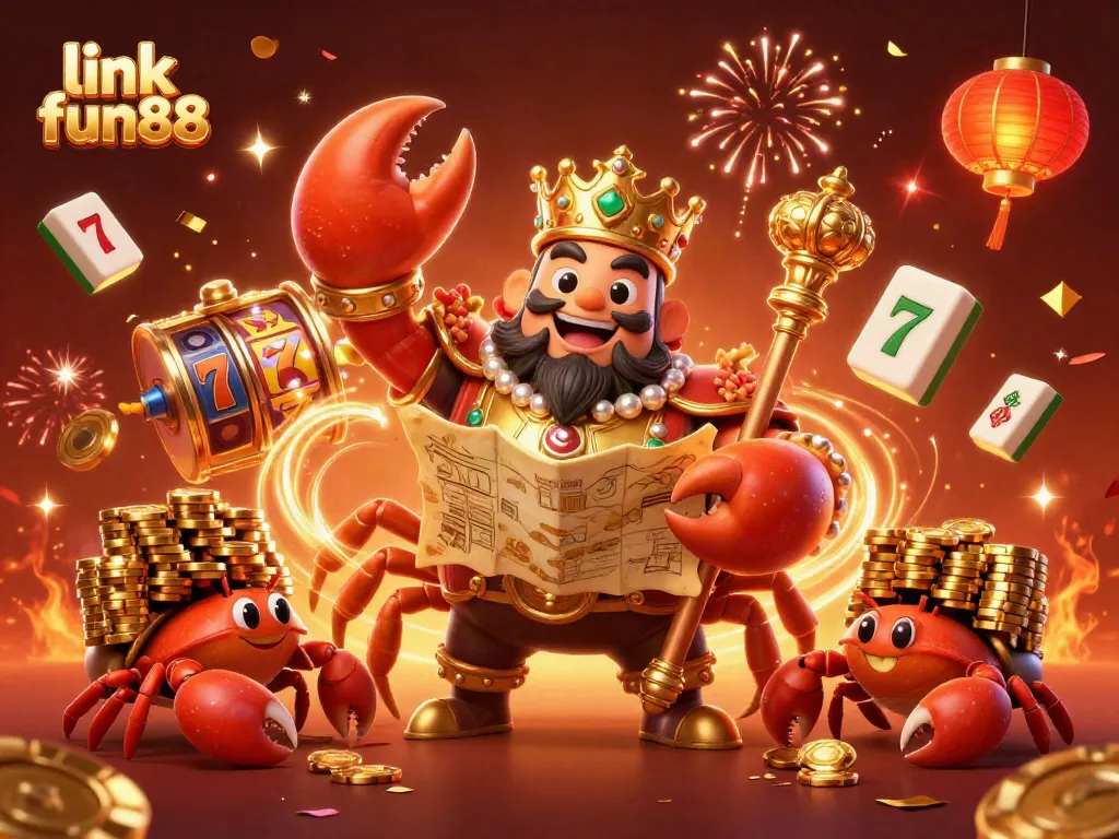 Engage in the excitement of link fun88 with a golden crab emperor amidst floating slots and festive elements.