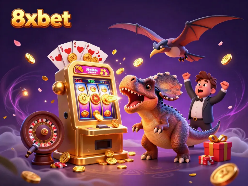 Experience the excitement of 8xbet with a colorful scene of dinosaur characters interacting with a golden slot machine.