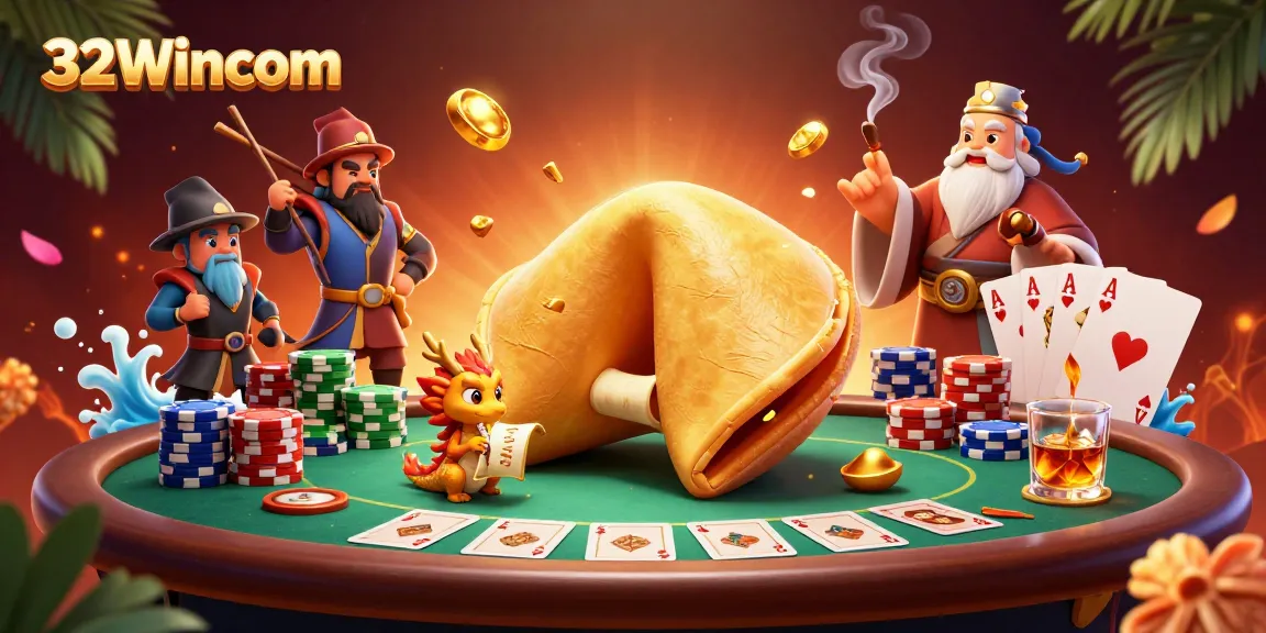 Engage in winning strategies at 32Wincom Casino with vibrant 3D illustrations of fortune cookies and poker