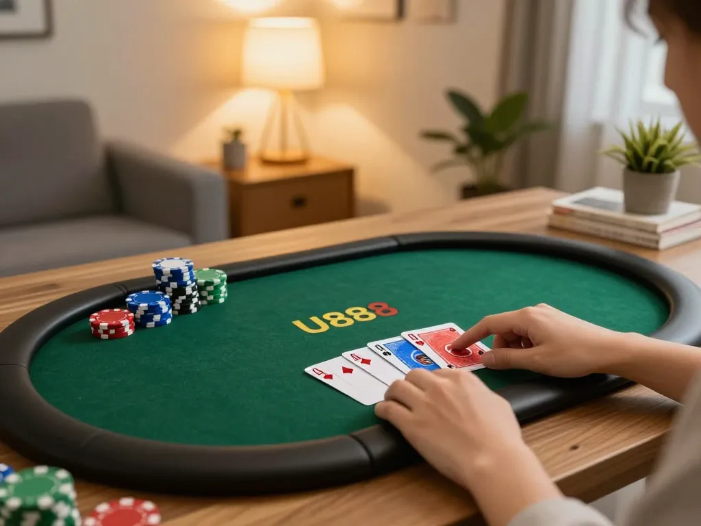 U888 player strategically engaging with an online poker game on tablet in a cozy setting.
