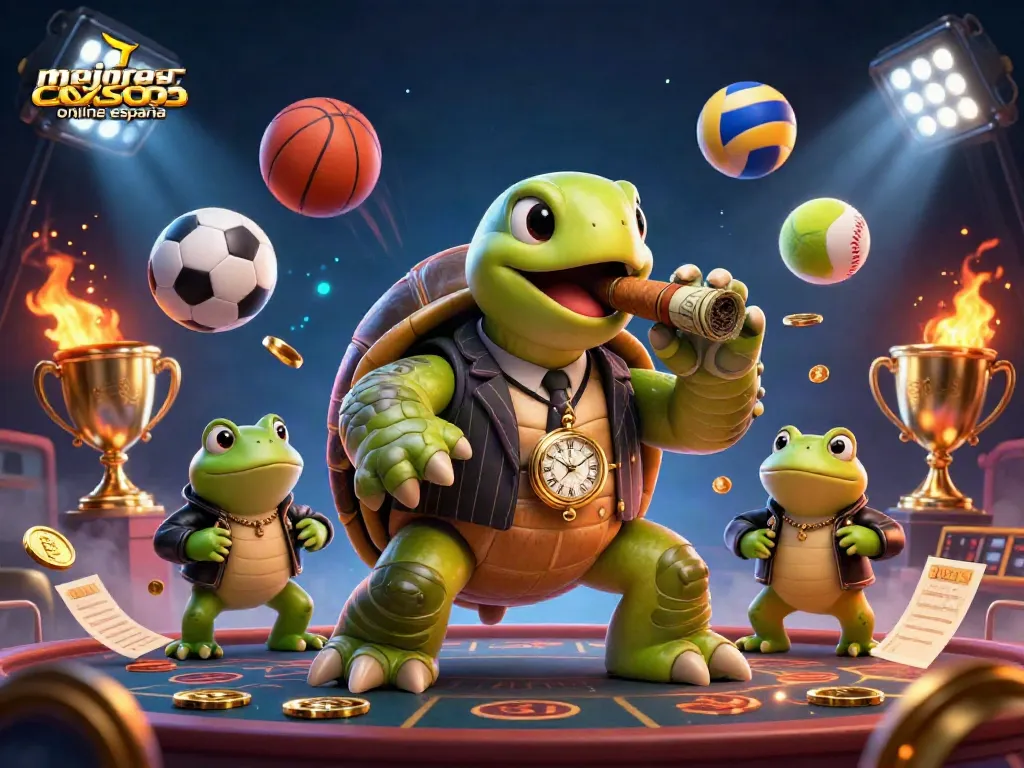 Ilustración 3D de los mejores casinos online en España con tortuga y ranas en un ambiente vibrante