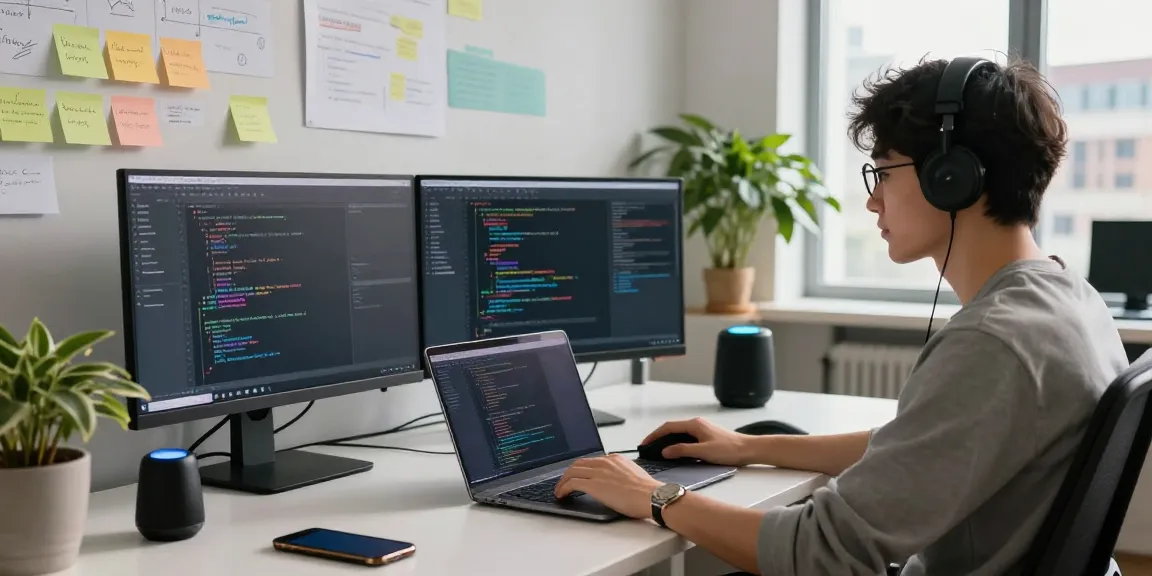 Developer in a modern tech workspace engaged in coding while exploring the Telegram download options on a dual monitor setup.