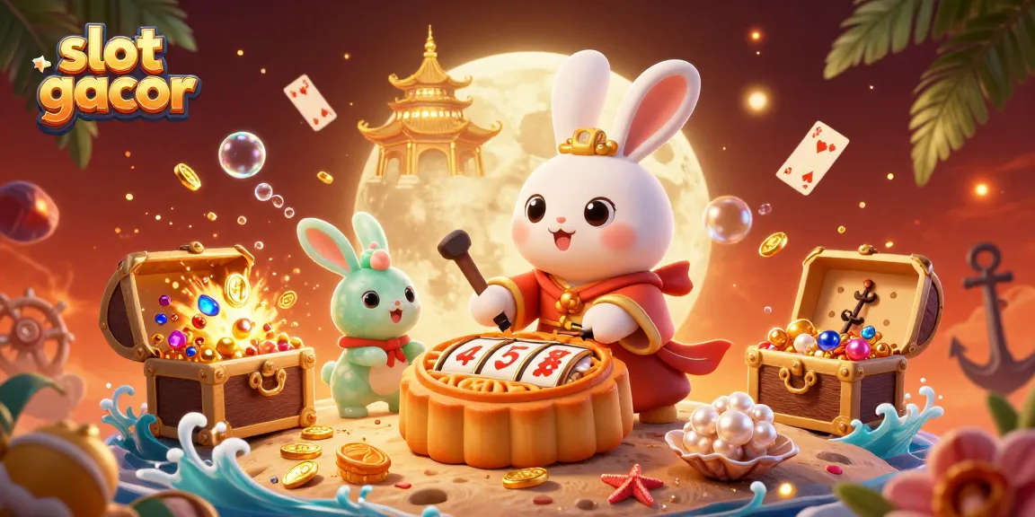 Engage with slot gacor through a vibrant illustration featuring a moon rabbit surrounded by casino elements.