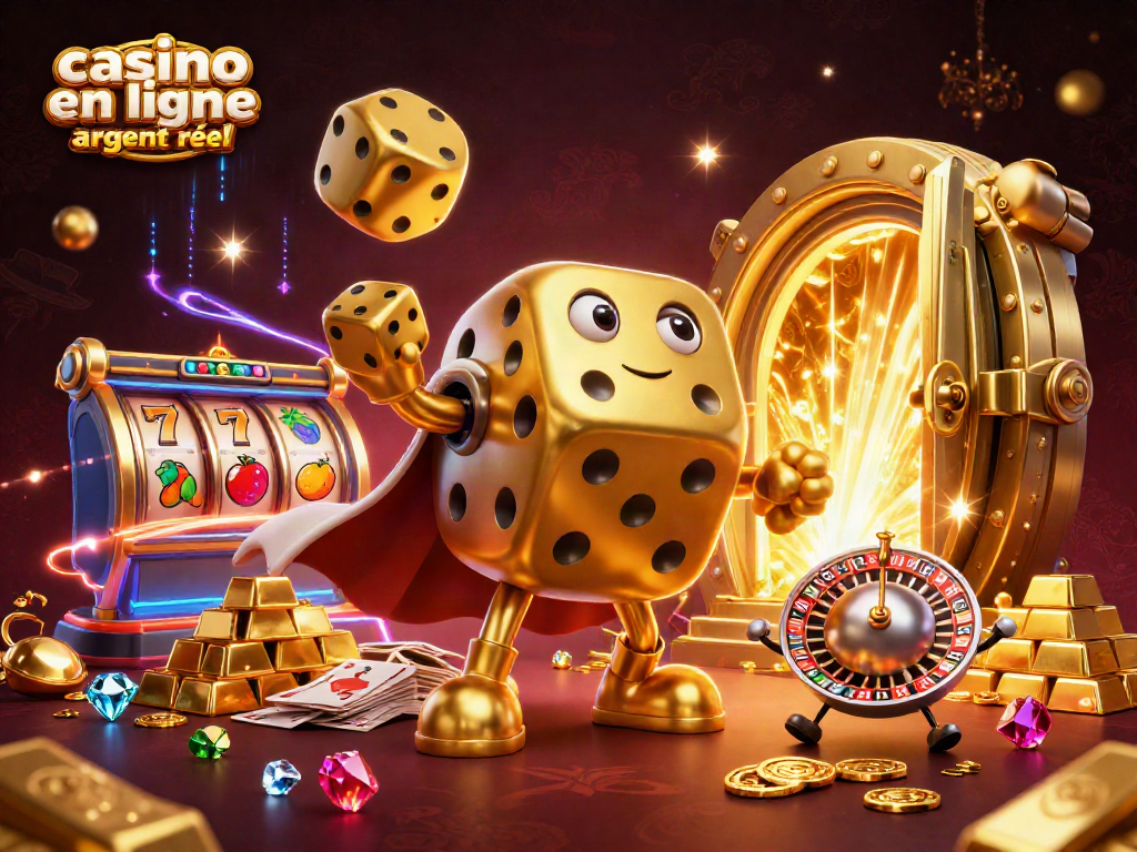 Découvrez l'excitation du casino en ligne argent réel avec un golem de dés dorés et des trésors scintillants.