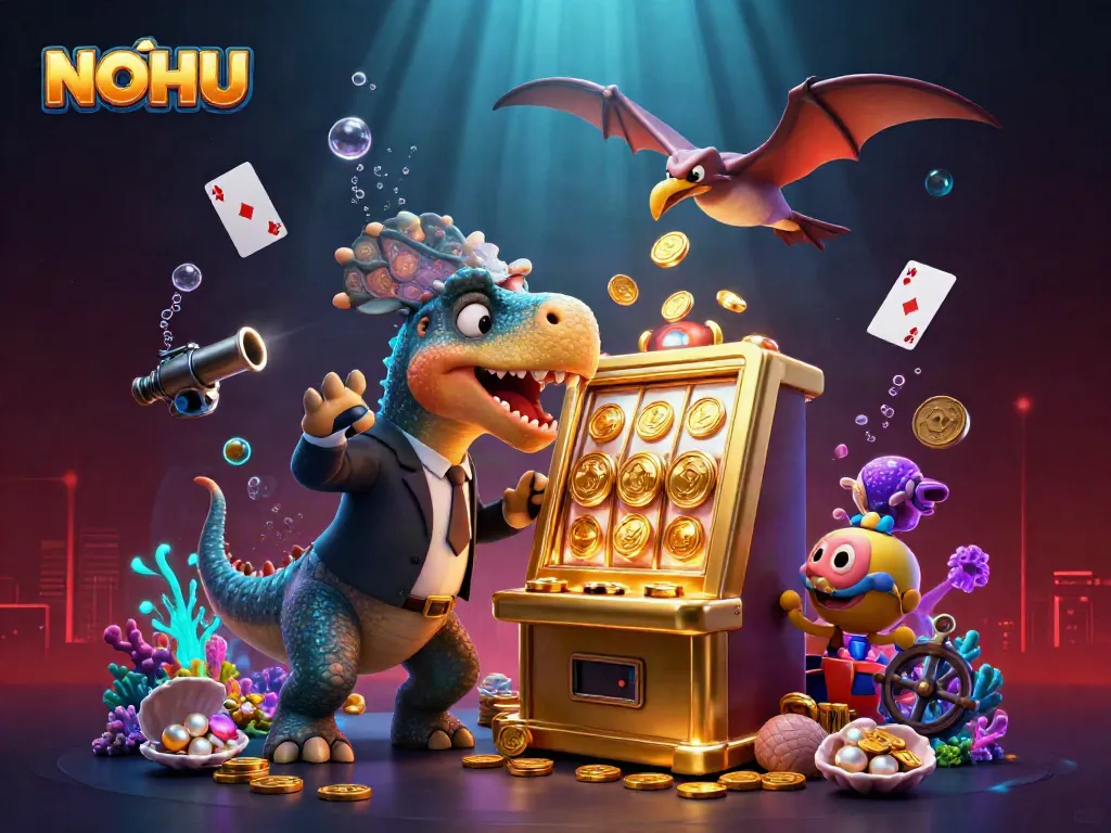 NOHU casino scene featuring a dinosaur headbutting a golden slot machine, creating a jackpot