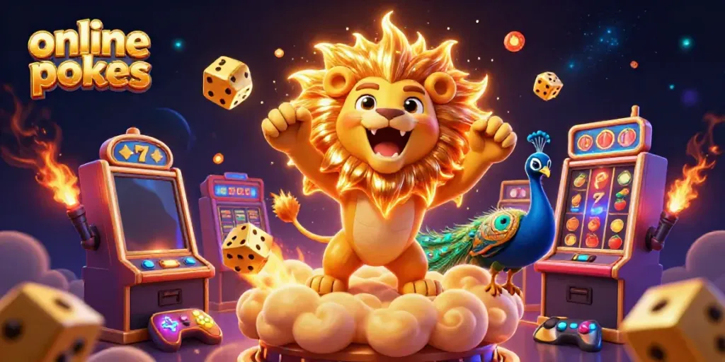 Play thrilling online pokies with a roaring sun lion, golden dice, and vibrant slot machines in a magical setting.