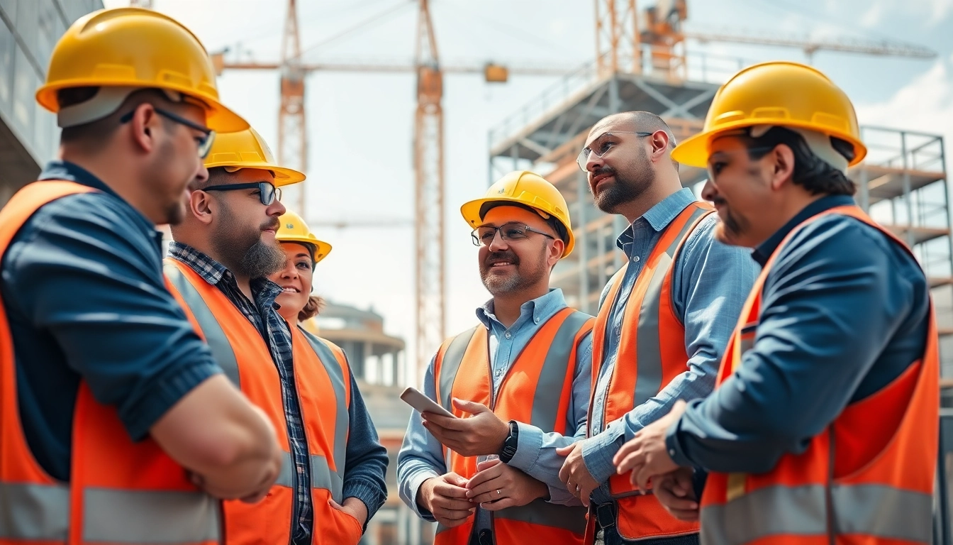 Construction career professionals collaborating on a building site with cranes in the background.
