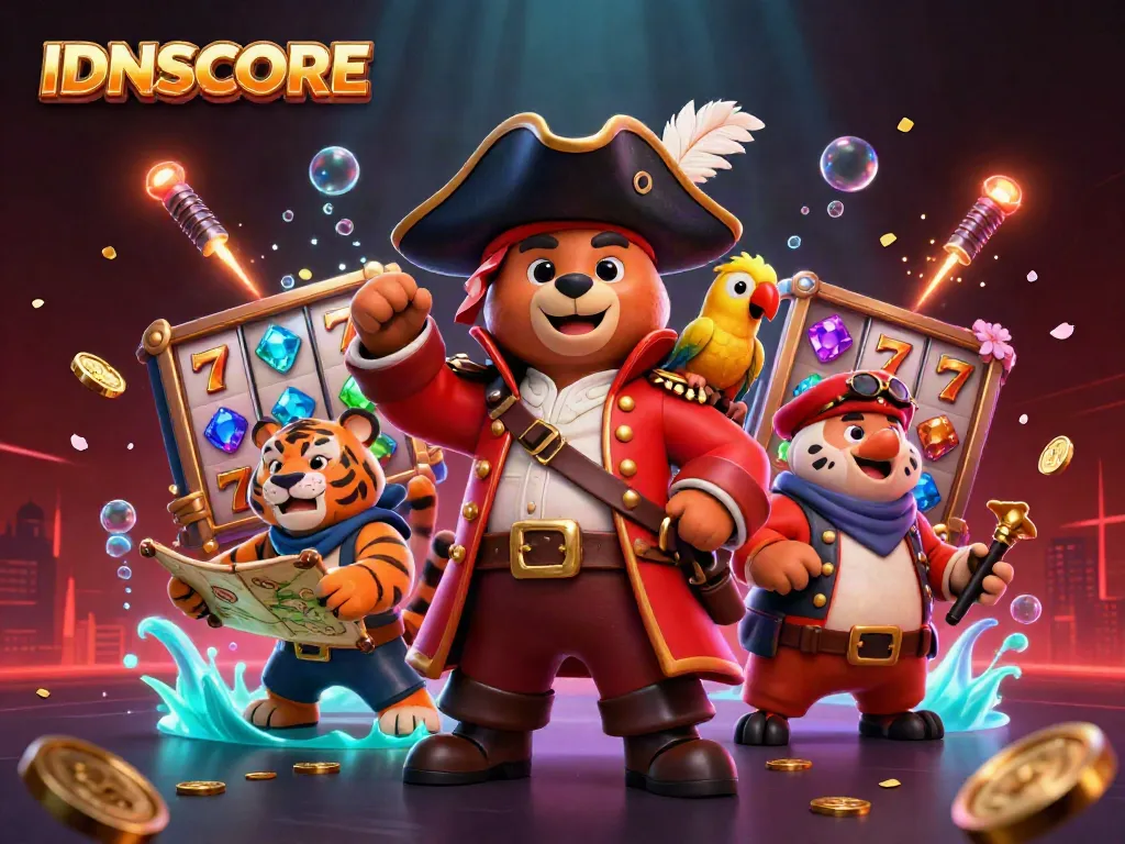 IDNSCORE presents an exciting pirate-themed casino adventure with vibrant slot reels and dynamic game elements.