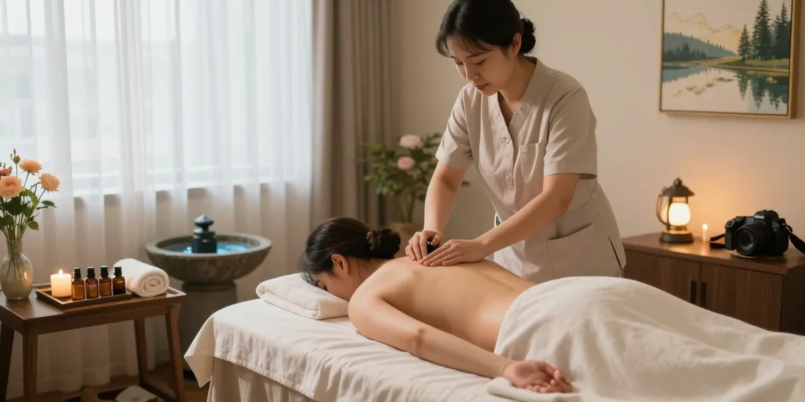 Relaxing wellness scene depicting Suwon출장마사지 with a therapist applying oils in a calming studio.