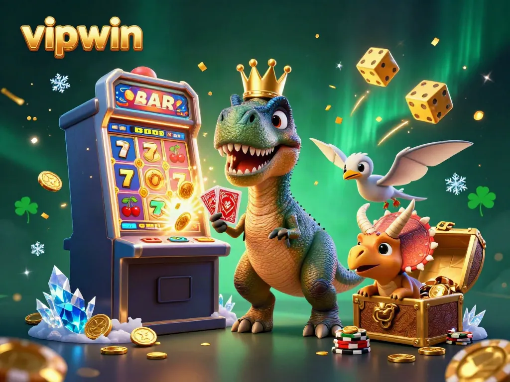 Experience exciting gaming at vipwin with T-Rex shuffling cards and a pterodactyl in a vibrant casino scene.