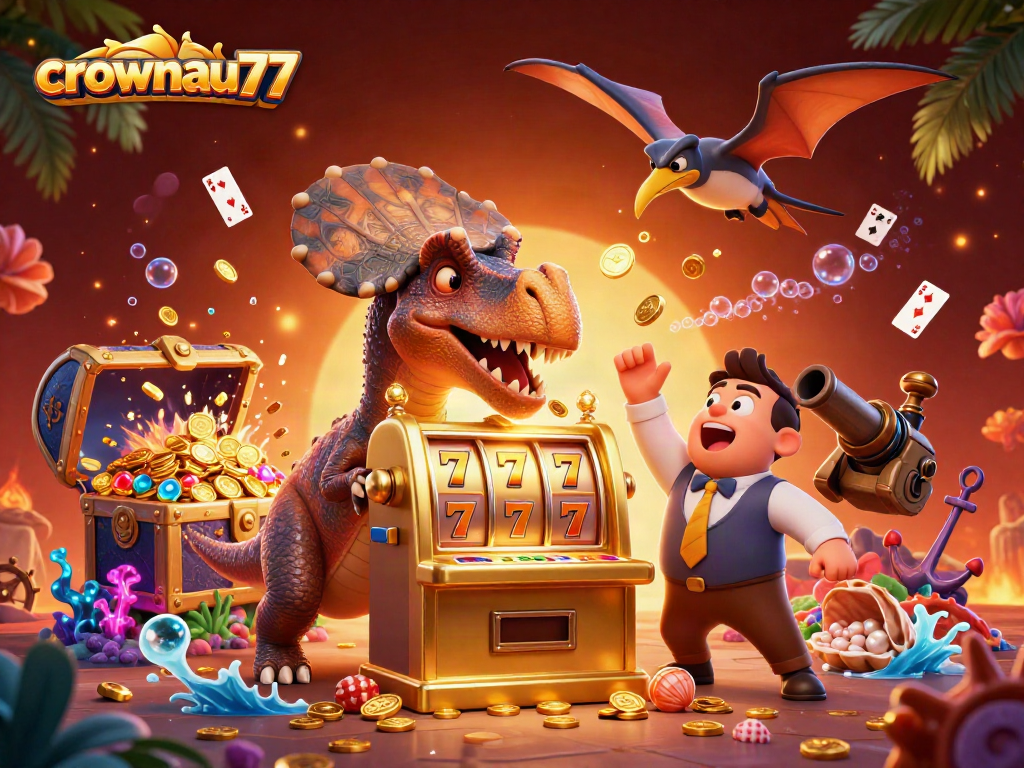 Crownau77 activates a jackpot in a bustling casino scene filled with cartoon dinosaurs and golden coins.