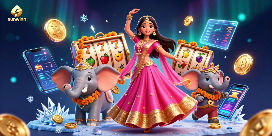 Win big with sunwinn in this colorful casino illustration featuring vibrant characters and gaming elements.
