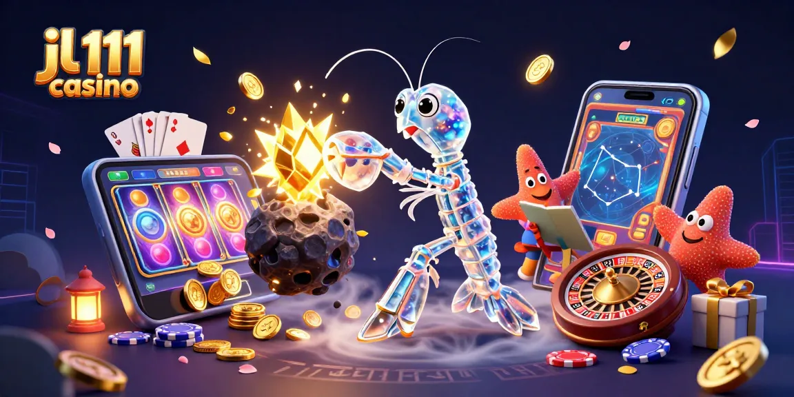 Engaging scene of jl 111 casino with a mantis shrimp character bursting through an asteroid, revealing gems and coins