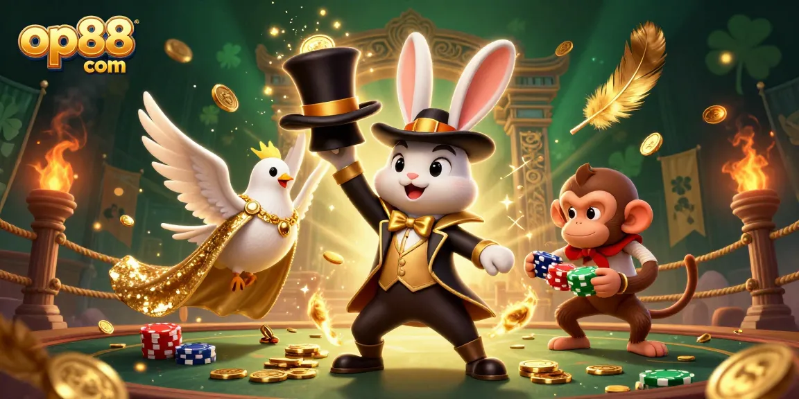 Experience the magic at op88 com with thrilling slots and captivating games amidst golden coins and festive elements.