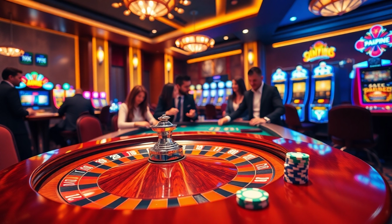 Engaging casino scene featuring a roulette table and excited players, highlighting Link FB88 for immersive gambling experiences.