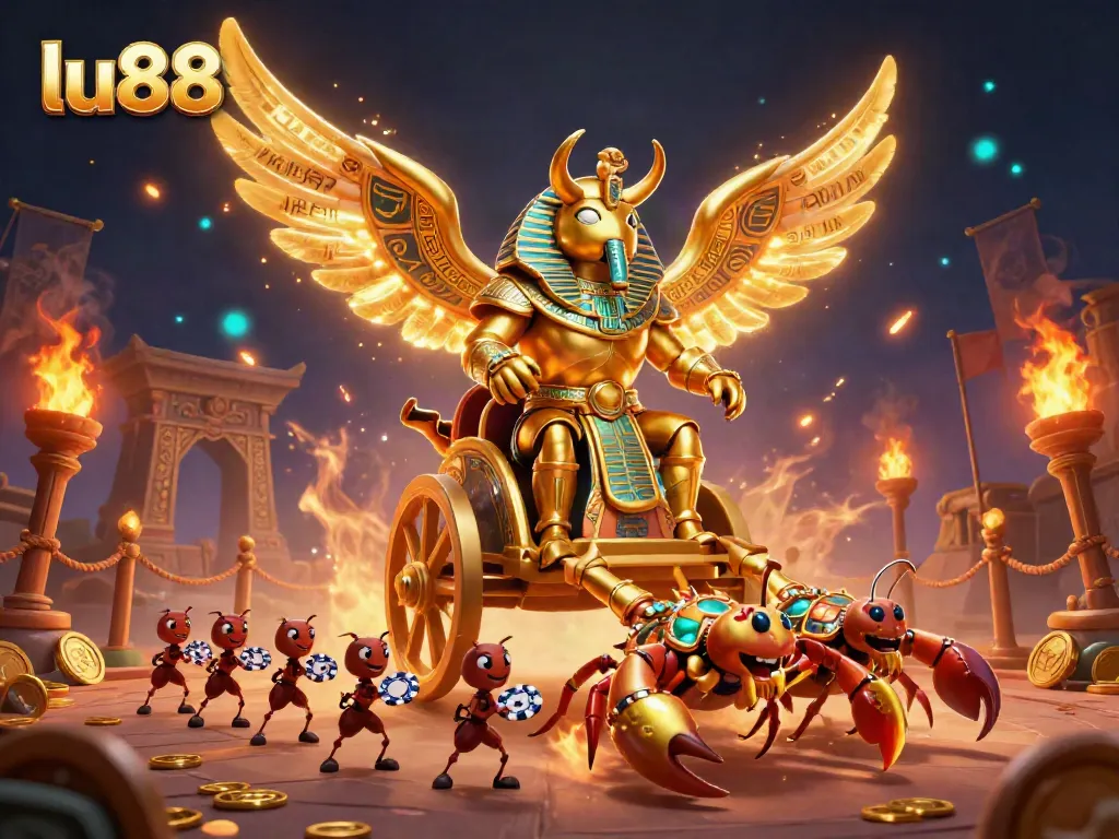 Experience the thrill of lu88’s vibrant gaming scene featuring a colossal scarab and scorpions in a dynamic casino setting.