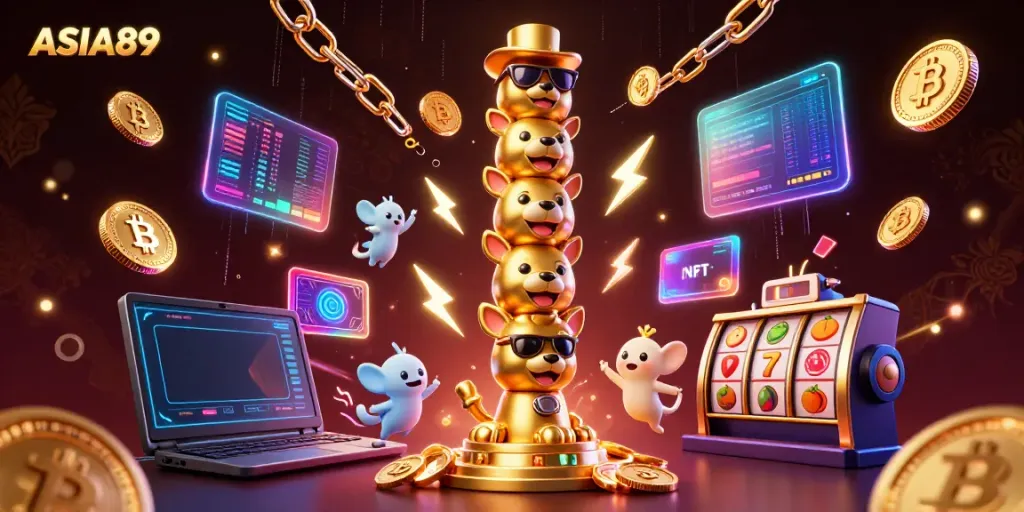 Engage with ASIA89's vibrant casino scene showcasing a 3D cartoon golden totem pole surrounded by slot elements and cryptocurrencies.