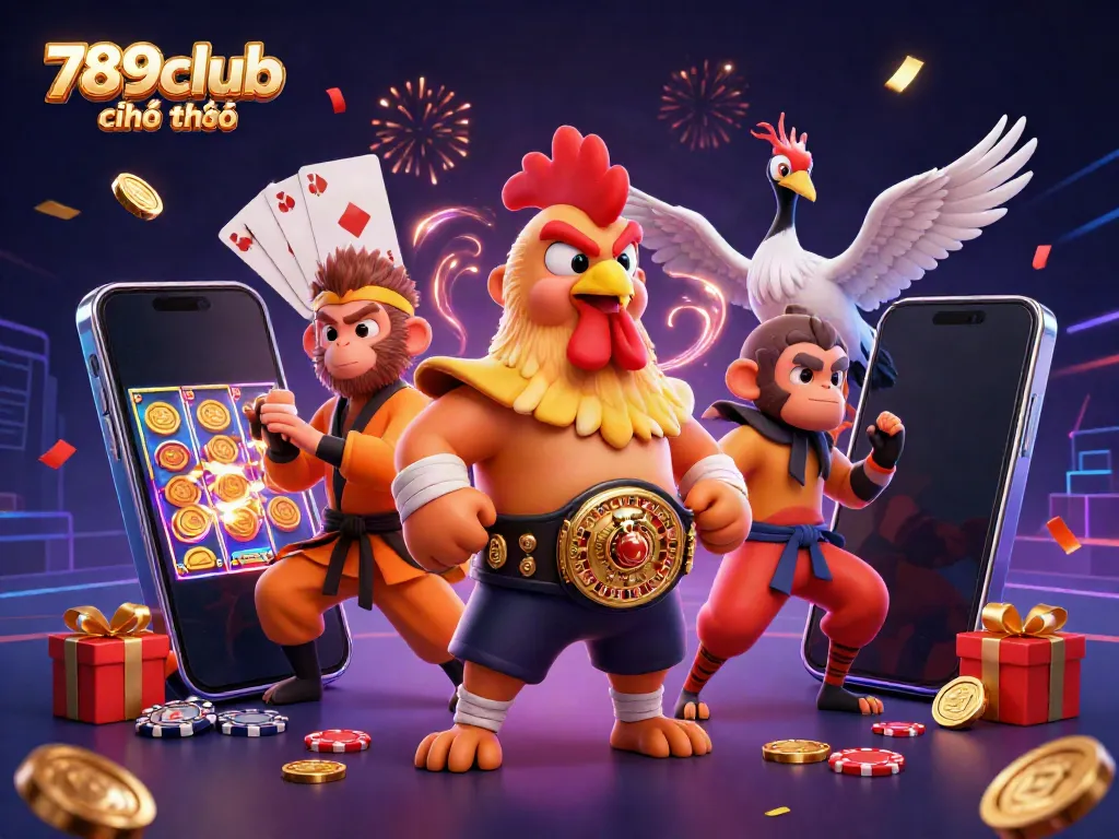 Engage with 789club chính thức in an action-packed casino scene featuring dynamic characters and vibrant game elements.