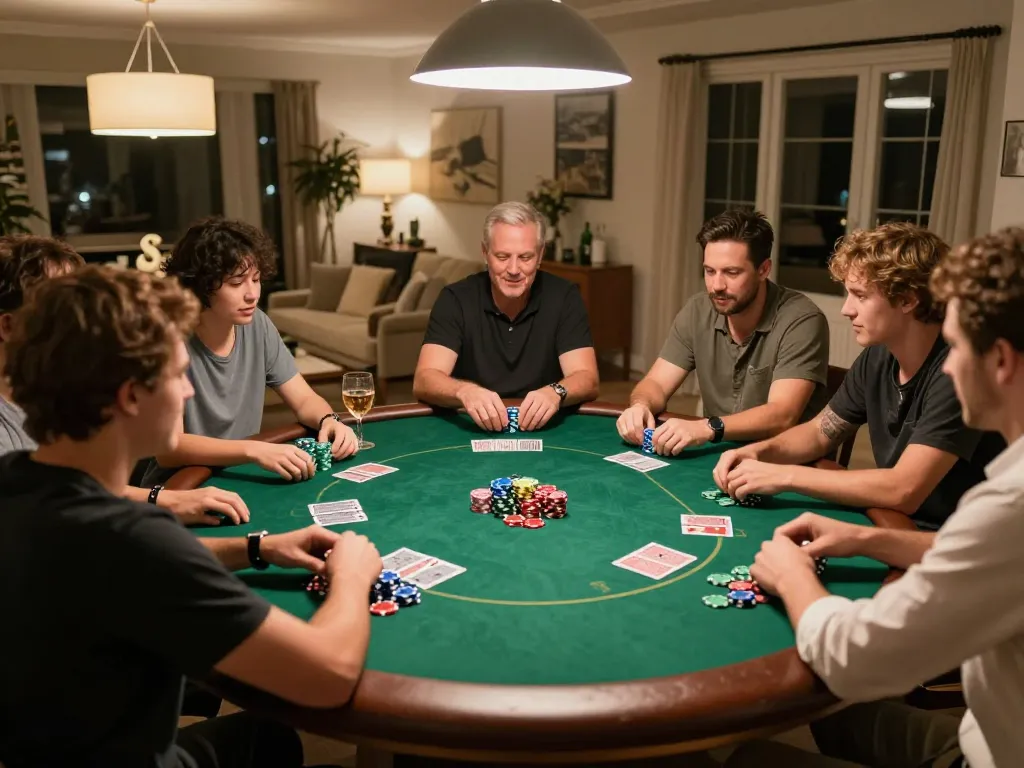 Các người chơi 12bet tận hưởng một đêm poker tại nhà đầy cạnh tranh với những quân chip và lá bài đầy màu sắc được trải ra.
