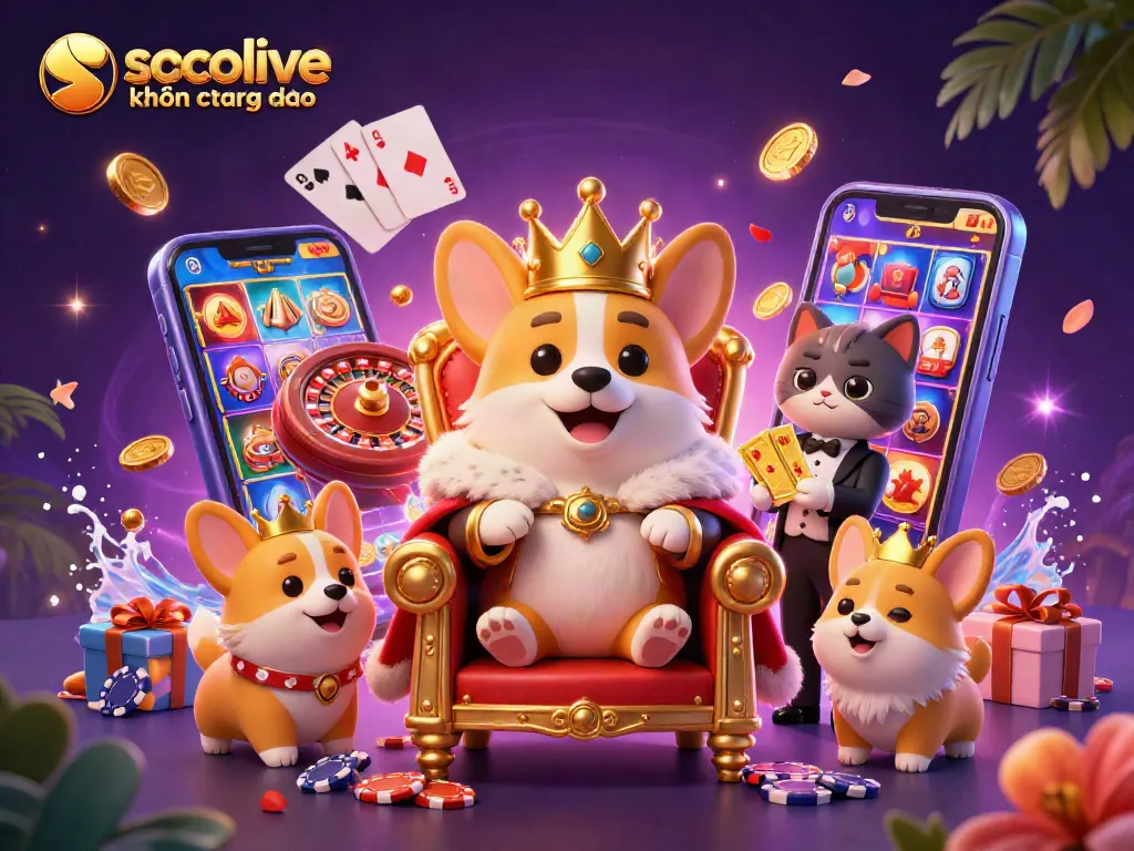 Experience seamless gaming with socolive không quảng cáo, featuring a vibrant 3D illustration of a royal corgi throne.