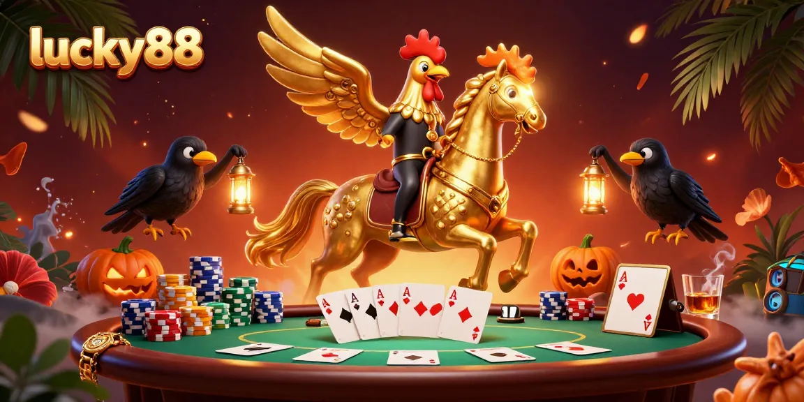 Play thrilling poker at lucky88 with the gold rooster and spooky companions in this vibrant casino scene.