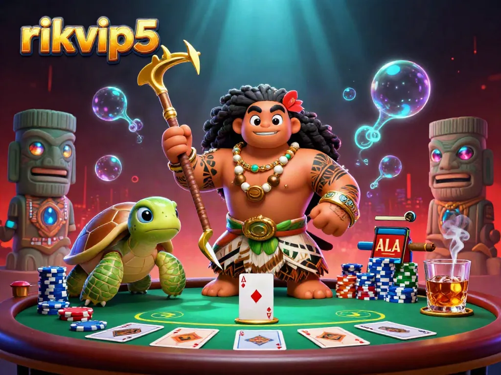 Experience immersive gameplay at rikvip5 with a vibrant 3D illustration featuring poker elements.