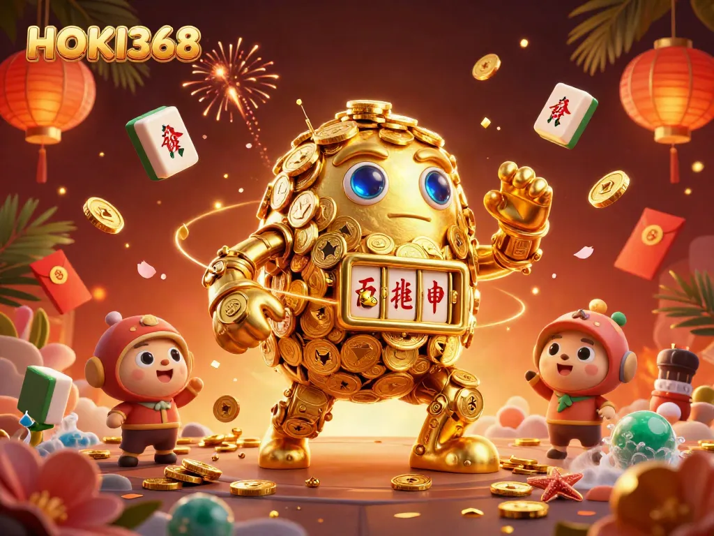 Engage with HOKI368's thrilling gaming experience, featuring a dynamic golden golem amidst festive gaming elements.
