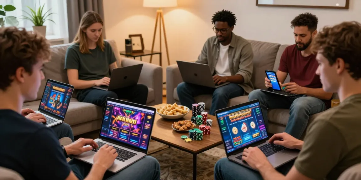 British players exploring non UK casinos on laptops and smartphones at https://sssk.org.uk in a cozy living room setting.