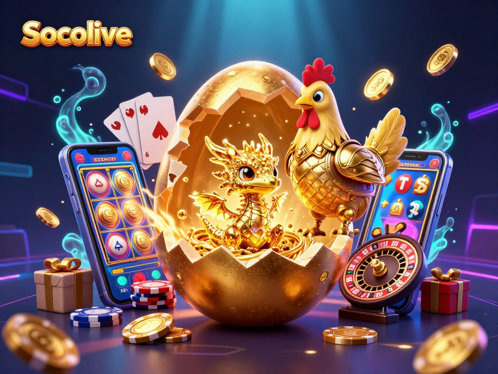 Socolive's enchanting gaming world revealed through a golden dragon and poker chips.