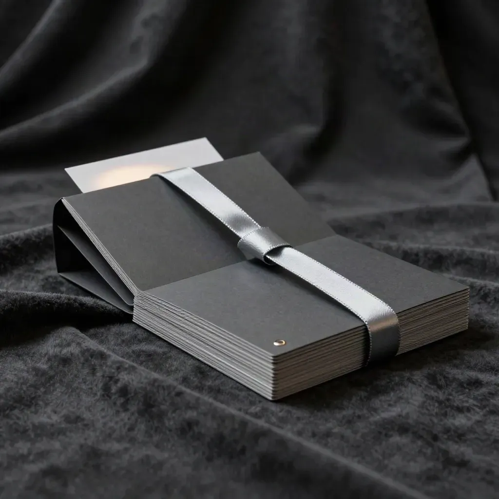 Dark luxury launch kit bundle with folded mockup, stacked cards and silver ribbon on charcoal cloth.