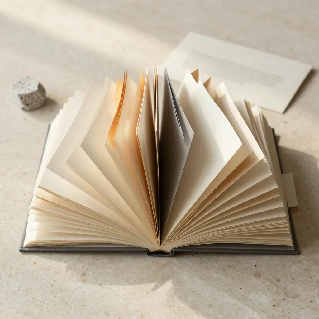 Overhead flatlay of cream brand voice deck pages, tabs, and a stone paperweight on pale stone.