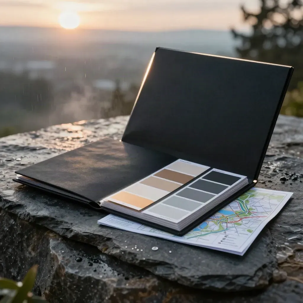 Open matte-black brand folio with swatches and layout boards on wet slate in dusk rain.