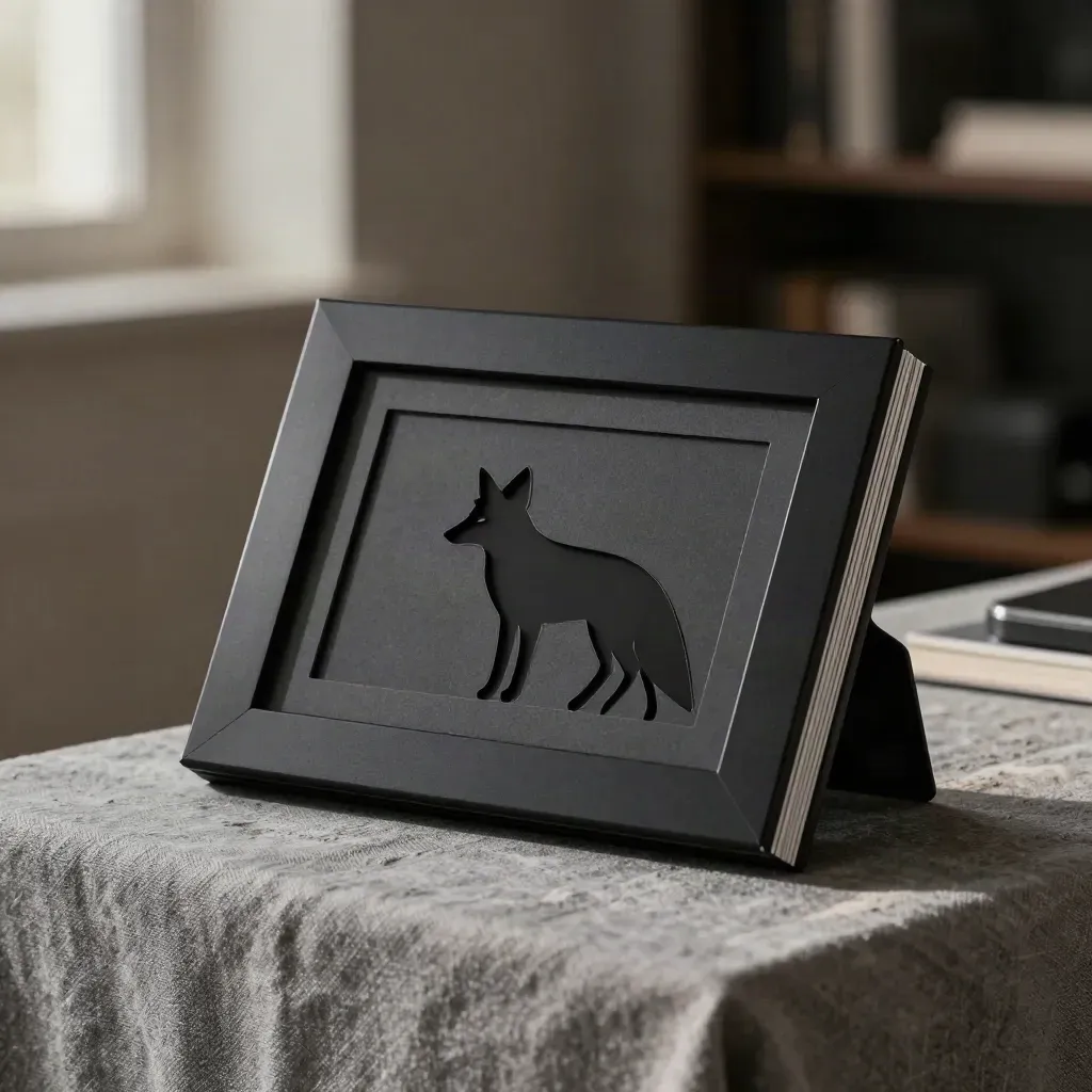 Matte black logo suite frame with fox insert on ash-grey linen in soft side light