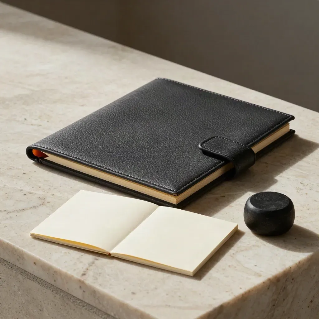 Charcoal strategy folder, closed cards, and black stone weight on travertine in soft daylight.