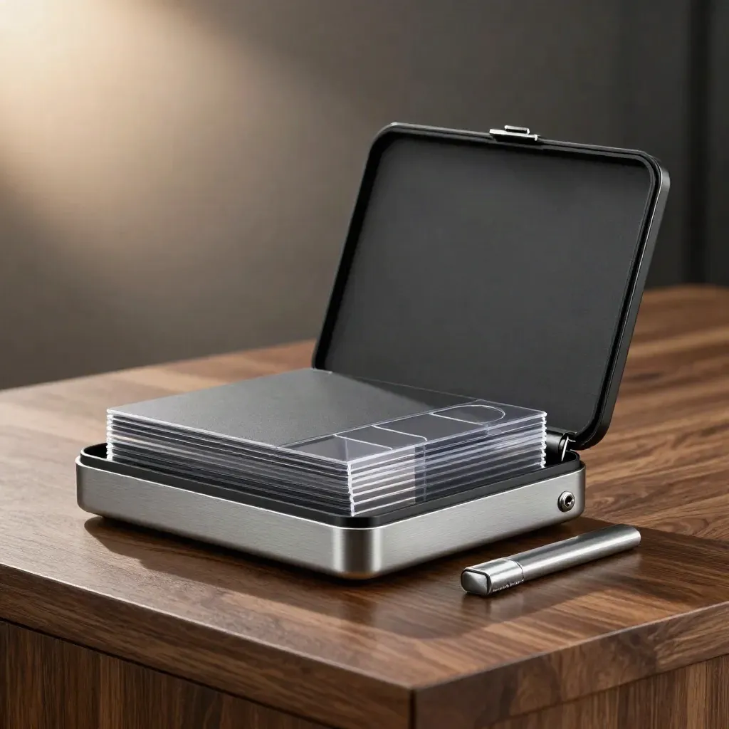 Matte charcoal case with staggered square cards and clear sleeves on walnut, lit like a luxe hero.