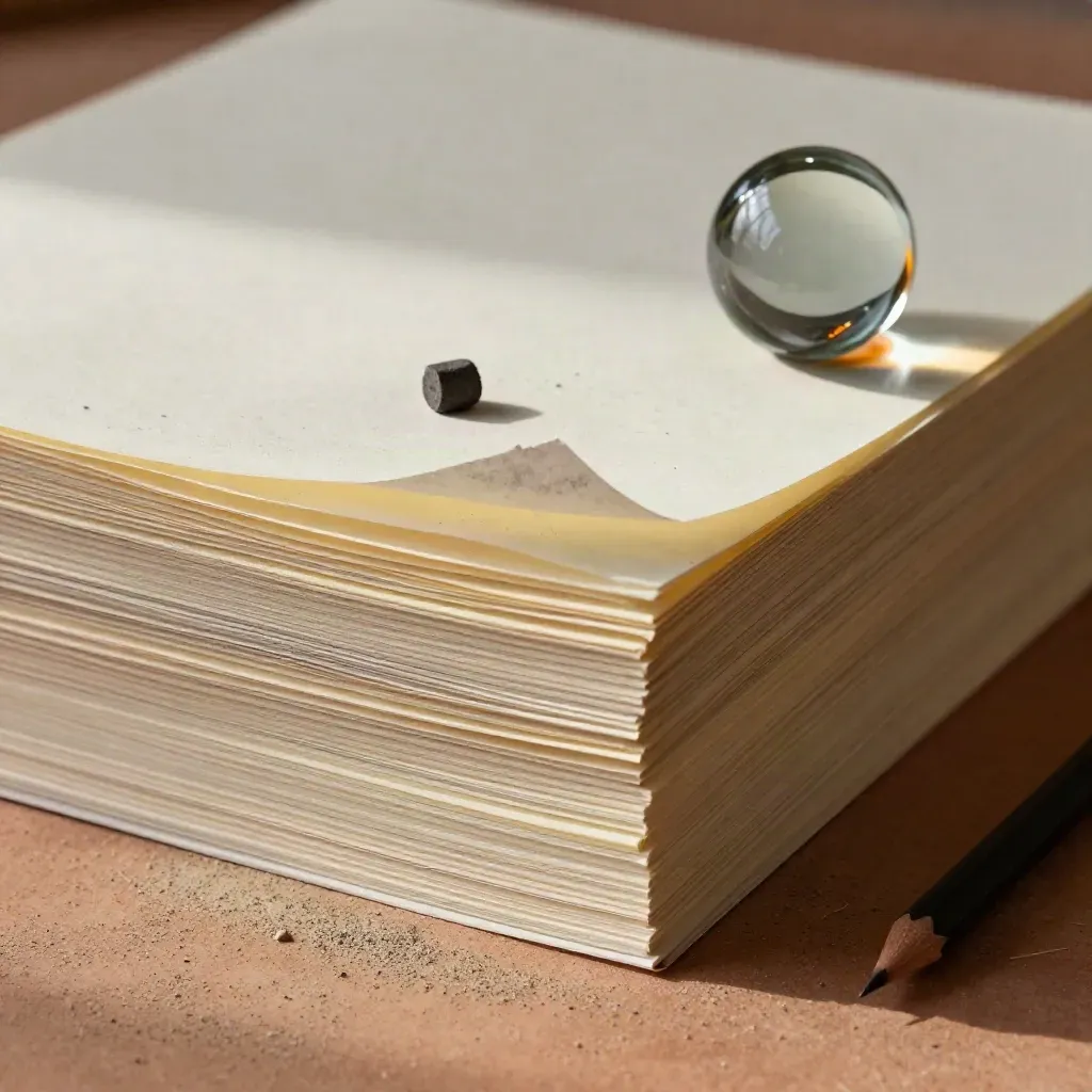 Macro of copy direction sheets, a curled corner, pencil stub, and paperweight on terracotta clay.