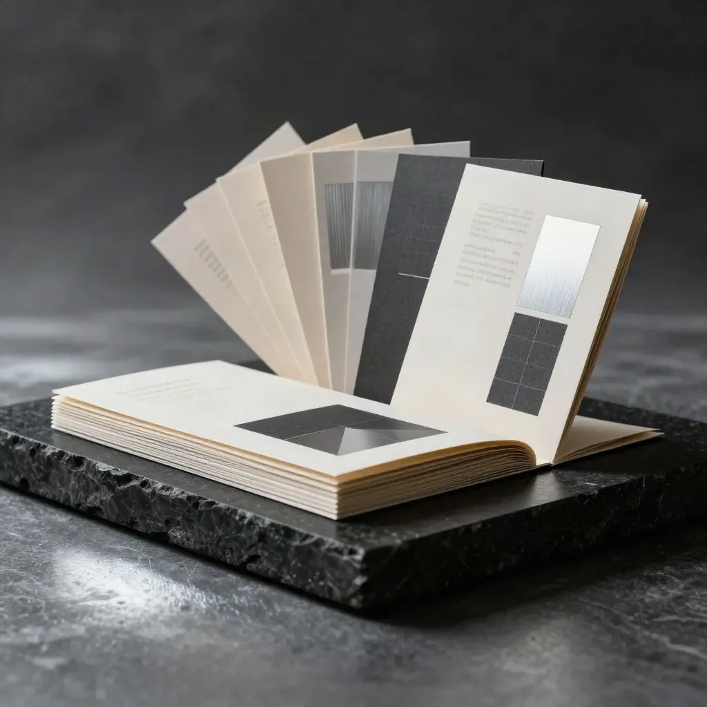 Fan of brand system boards and silver sample cards on a dark stone plinth