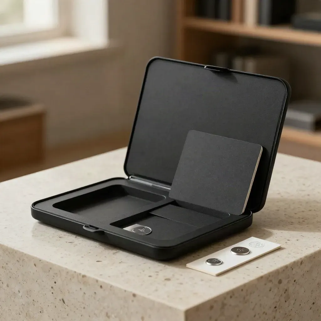 Matte-black logo kit clamshell with blank inserts on travertine in a dark luxe studio.