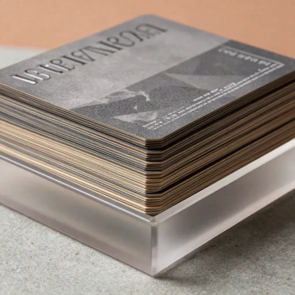 Frosted acrylic tray of nested social template cards catching a sharp back rim light.