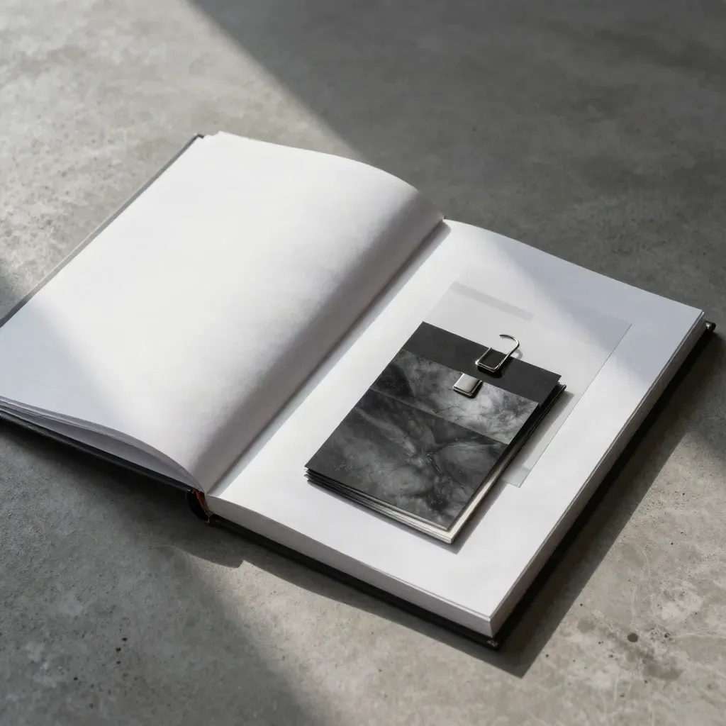 Charcoal audit binder with blank pages, swatches and clips on concrete.