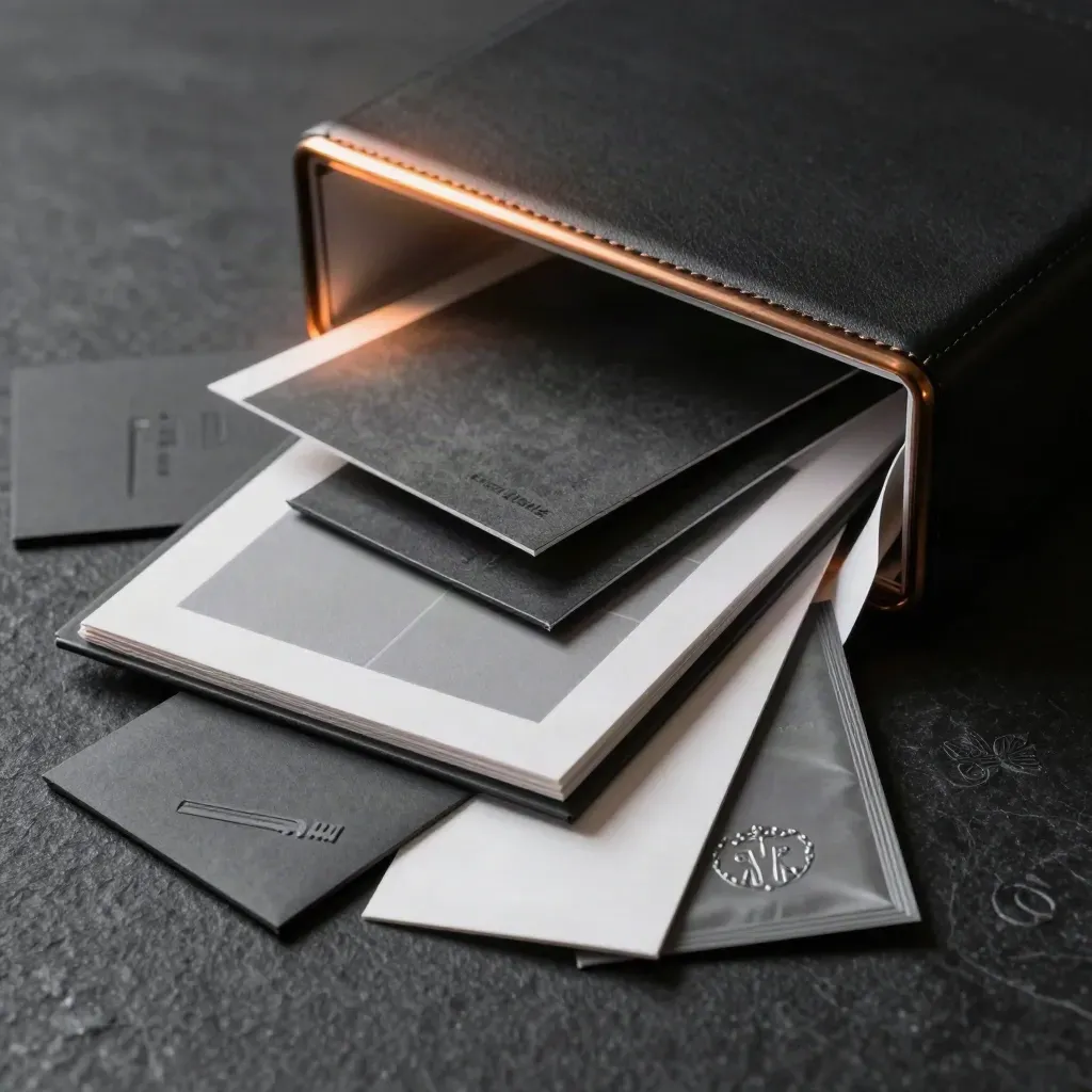 Oversized black portfolio case with layered brand kits spilling open in dramatic studio light.