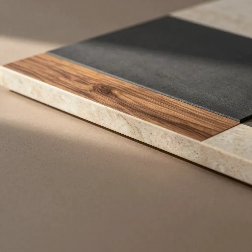 Walnut surface with stacked stone sample and warm amber reflection in soft daylight
