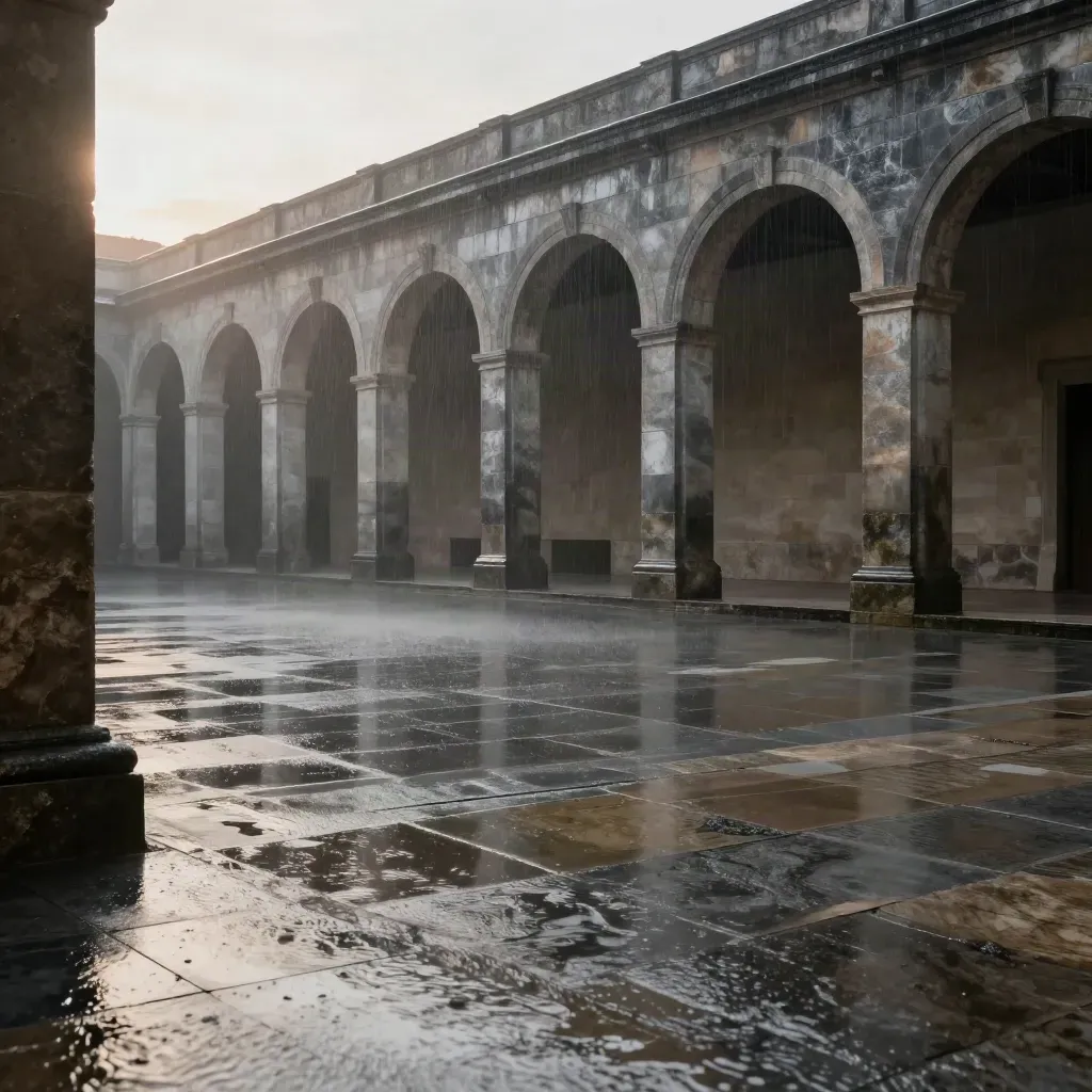 Rain-washed limestone courtyard with colonnade and silver reflections, calm lower space.