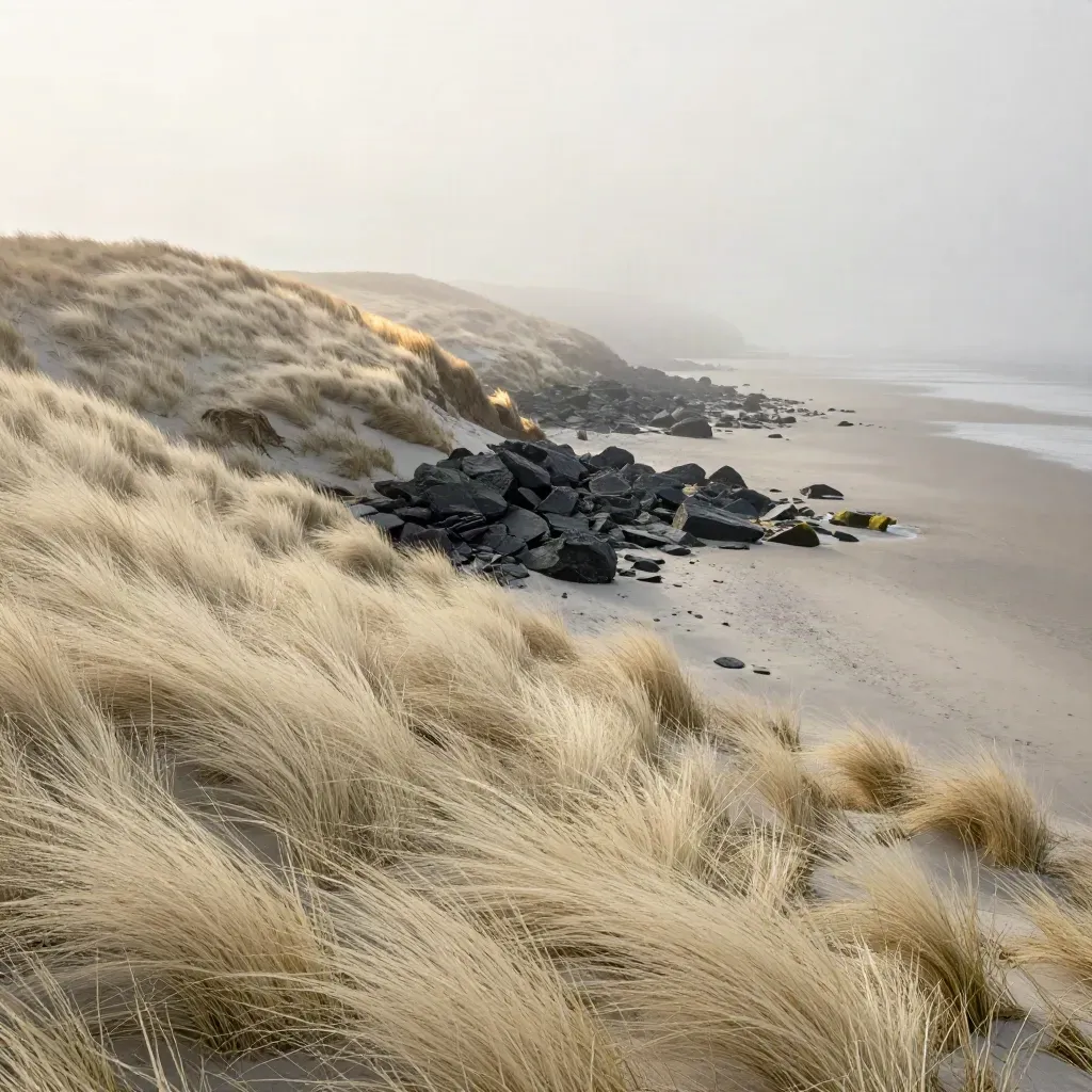 Foggy coastal dunes with slate rocks and grass beneath a high overcast sky.
