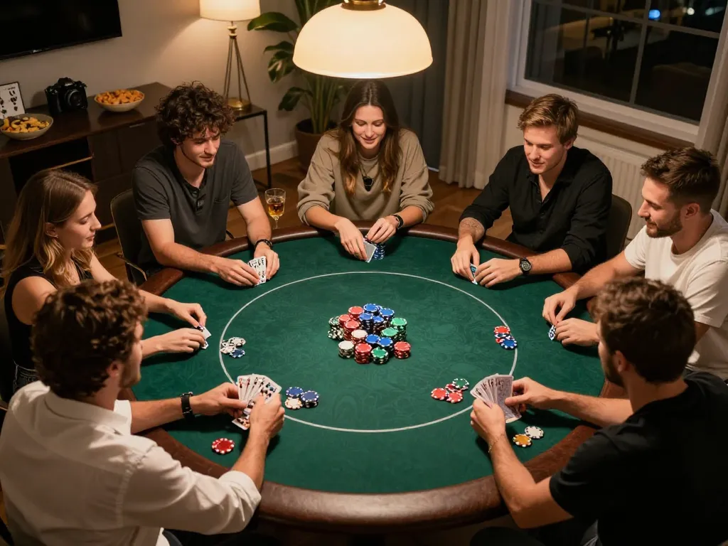Engaging poker game atmosphere at home, showcasing players interacting, colorful chips, and action, highlighting 789betcom experience.