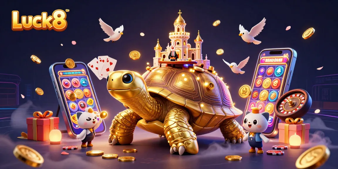Engage with Luck8's dynamic casino scene featuring a golden tortoise, a rabbit dealer, and flying coins.
