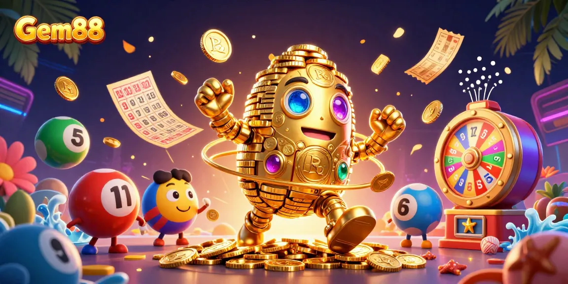 Engage in thrilling gameplay at Gem88 with a magical golem made of coins, vibrant lottery balls, and dynamic prizes.