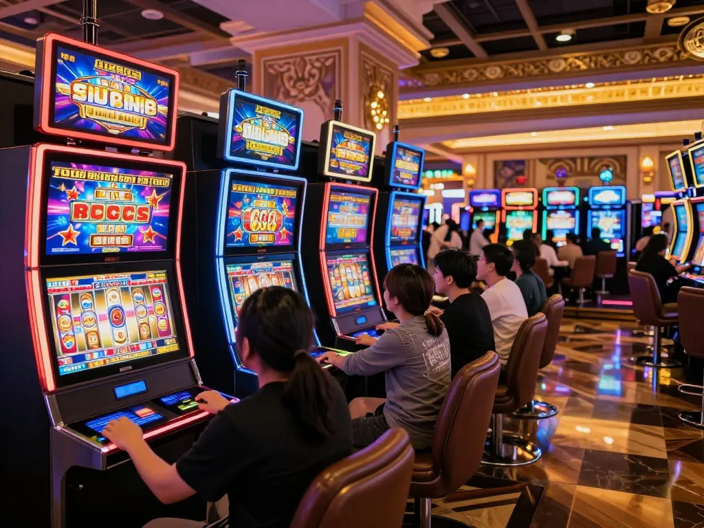 Players celebrating wins on vibrant j88 slot machines in a lively casino atmosphere.