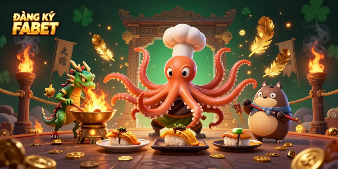 Engage in ĐĂNG KÝ FABET with a vibrant 3D scene featuring a sushi chef octopus, dragon, and tanuki in a casino environment.